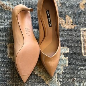 Tan patent 3” Stuart Weiztman pumps. New with Box